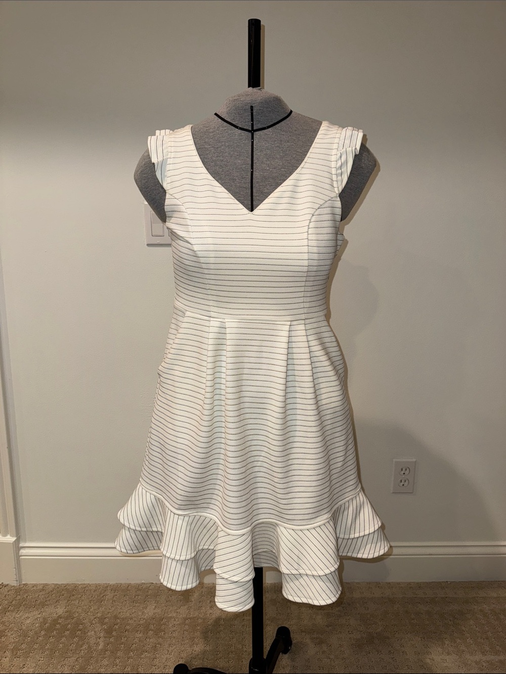 Anthropologie White Striped V-Neck Ruffle Hem Dress